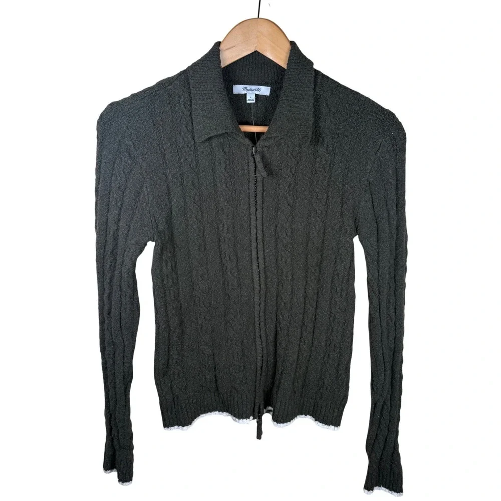 NWT Madewell Cable-Knit Zip Cardigan Womens Small Olive Green Classic Preppy